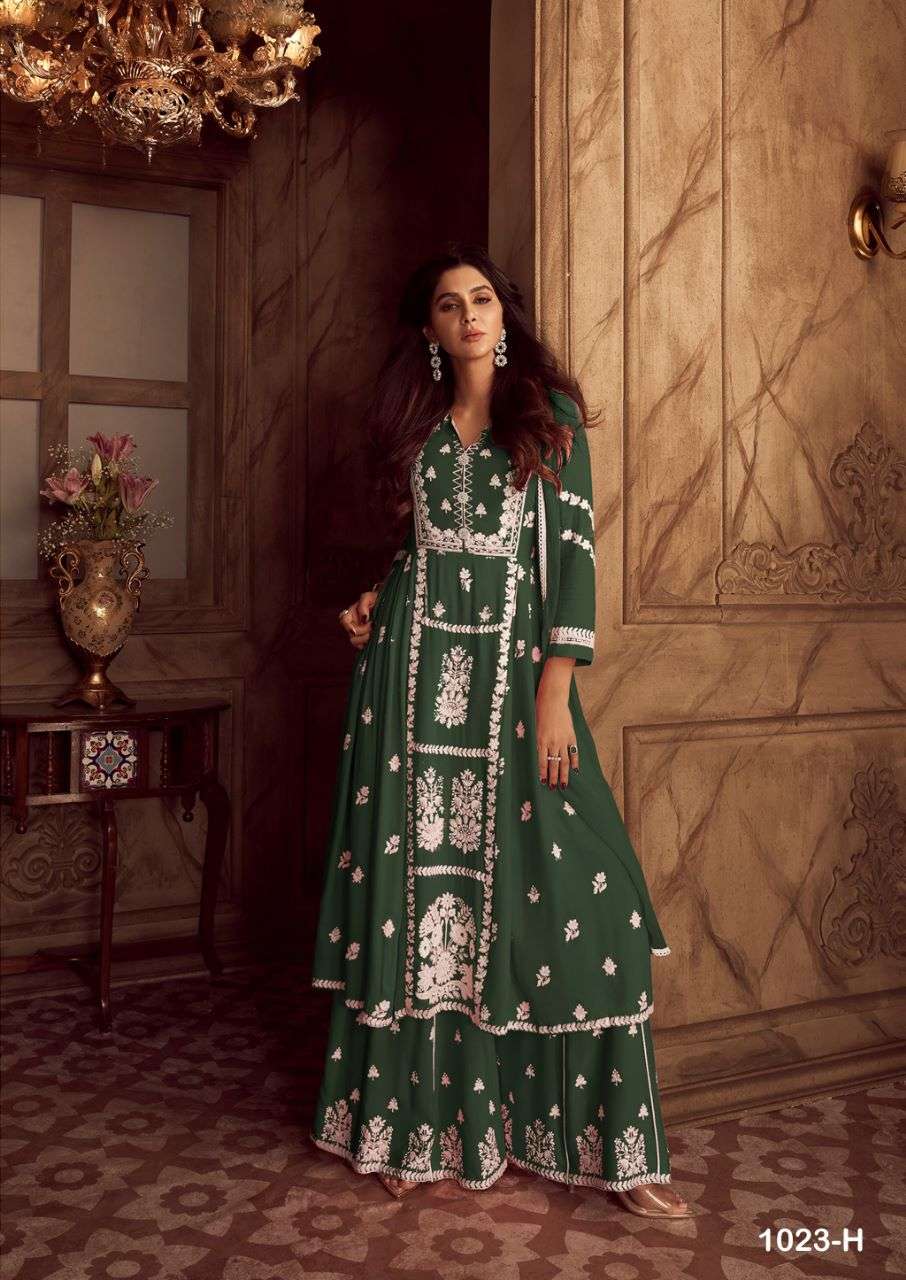 LAKHNAWI VOL 4 DARK COLOR HEAVY REYON WHITE THREAD EMBROIDERY WORK NAYRA CUT KURTI WITH PLAZZO AND NAZMIN DUPATTA BY VAMIKA BRAND 1023 H